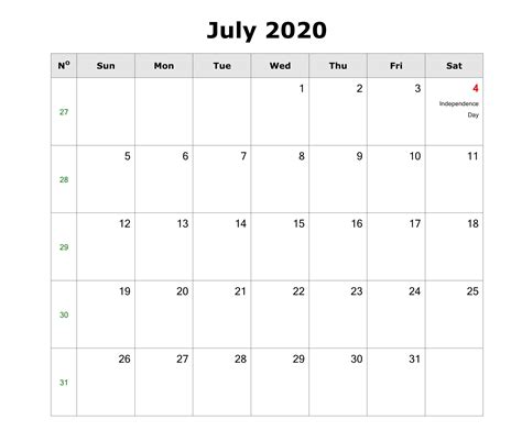 July 2020 Calendar With The Holidays In English