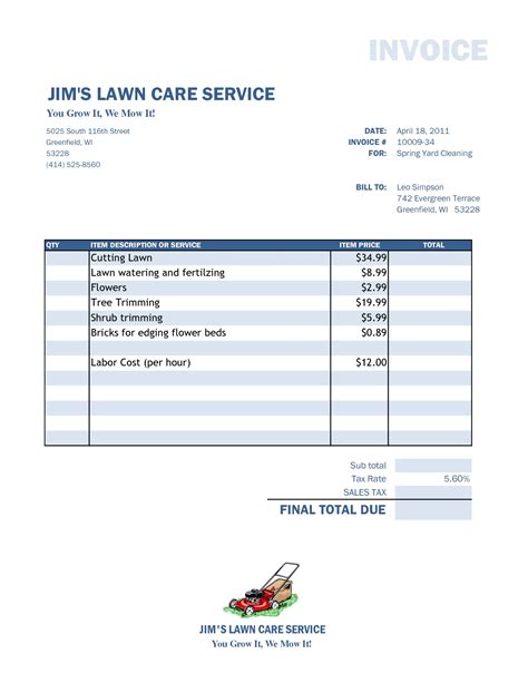 Lawn Maintenance Invoice Invoice Template Ideas