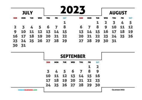 Printable July August September 2023 3 Month Calendar