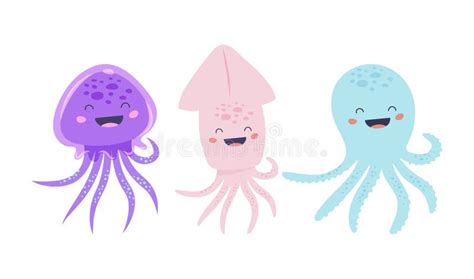 Octopus Jellyfish And Squid Characters Set Stock Vector Illustration