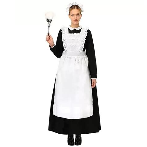 Adult Women Halloween French Maid Long Sleeve White Apron Dress Suit