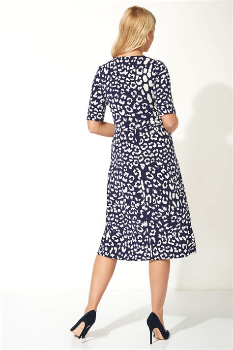 Animal Print Fit And Flare Dress In Navy Roman Originals Uk
