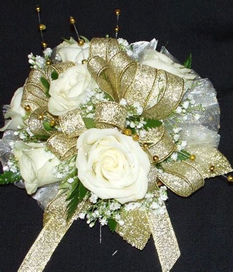 White And Gold Wrist Corsage Prom Flowers Bouquet Prom Flowers