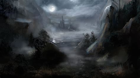 Hd Wallpaper Fiction Art Castle Night Moon Water Fog