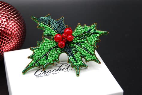 green red brooch holly leaf with berries christmas pin etsy christmas jewelry diy christmas