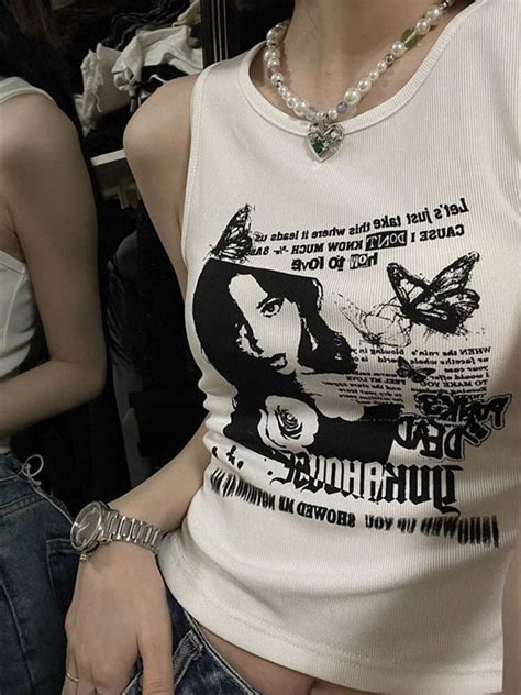 Y2k Grunge Print Sleeveless Sexy Tank Top For Women Ribbed Knit Vest Streetwear Aesthetic
