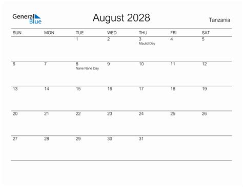 Printable August 2028 Monthly Calendar With Holidays For Tanzania
