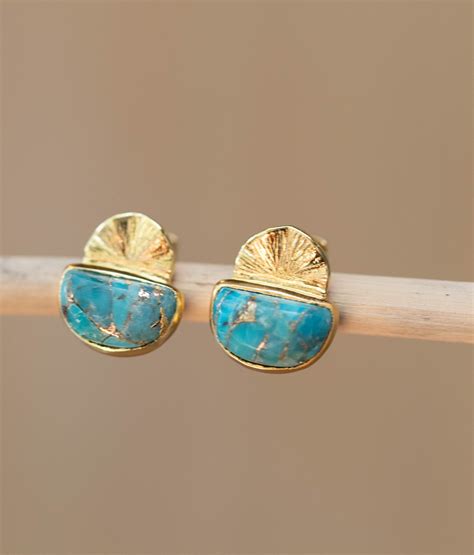 Cooper Turquoise Stud Earrings Gold Plated 18k Post Etsy