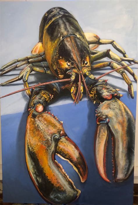 A Painting Of Two Lobsters On A Blue Background