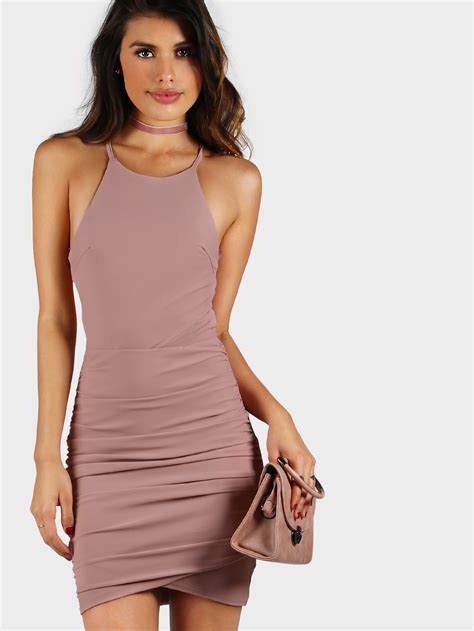 Backless Strap Ruched Bodycon Dress Mauve Shein Sheinside