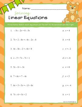 Solving Linear Equations Matching Worksheets Printable Tpt