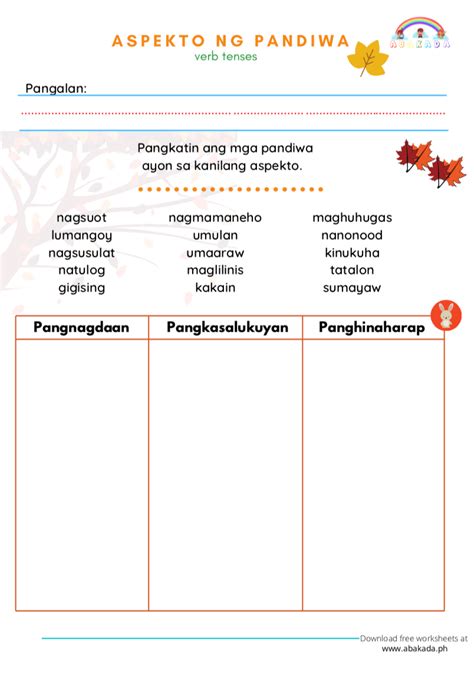 Worksheet For Aspekto Ng Pandiwa
