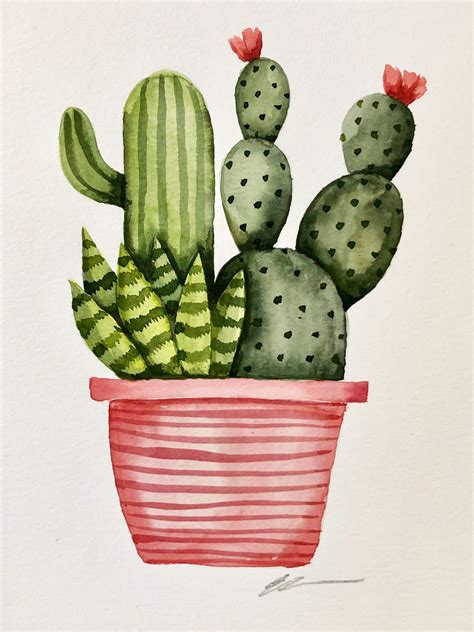 Cactus Garden In Planter Original Watercolor Painting Ellencrimitrent