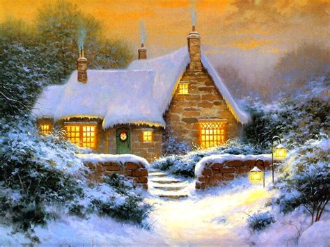 Carols Winter Cottage By Sergon Thomas Kinkade Paintings Thomas