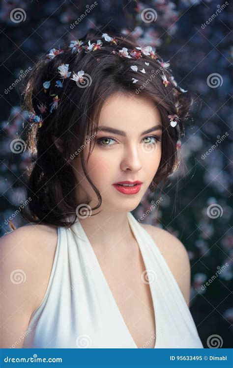 Beautiful Girl Standing At Blossoming Tree In The Garden Stock Image Image Of Outdoor