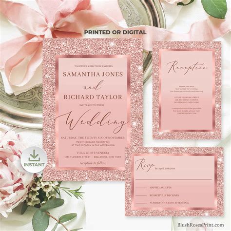 Cloe Rose Gold Wedding Invitation Suite Editable Templates Digital By