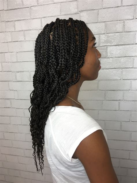 Mid Back Length Medium Box Braids With Curly Ends
