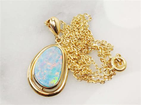 Vintage K Opal Necklace Yellow Gold Opal Doublet Necklace Etsy
