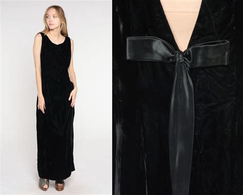 Black Velvet Gown 70s Maxi Dress Low Back Party Dress Ribbon Bow Boho