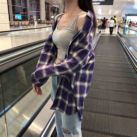 2018 Autumn Korean Style Purple Plaid Shirts Womens Long Sleeve Blouses