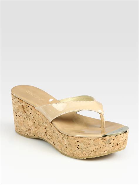 Lyst Jimmy Choo Patent Leather Wedge Sandals In Natural