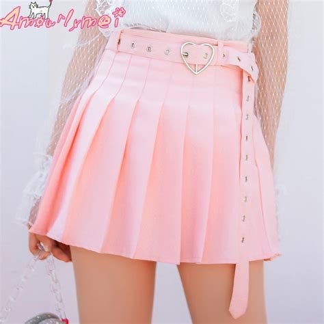 Summer Fashion Women High Waist Love Heart Belt Pleated Mini Skirt Kawaii Female Skirts Japanese