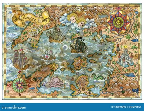 Vector Old Map Of Fantasy Lands With Pirate Ships Monsters Castles