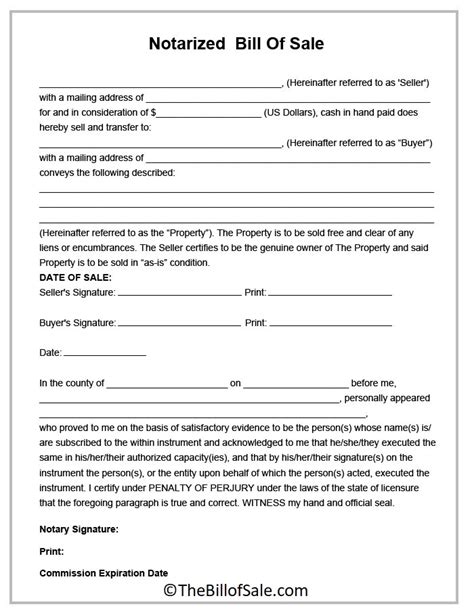 Notarized Bill Of Sale Form Template In Printable Pdf