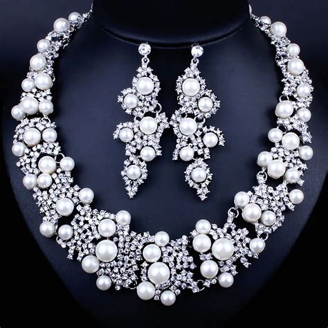 Hot Sale Silver Plated Full Crystal Simulated Pearl Bridal Jewelry Sets