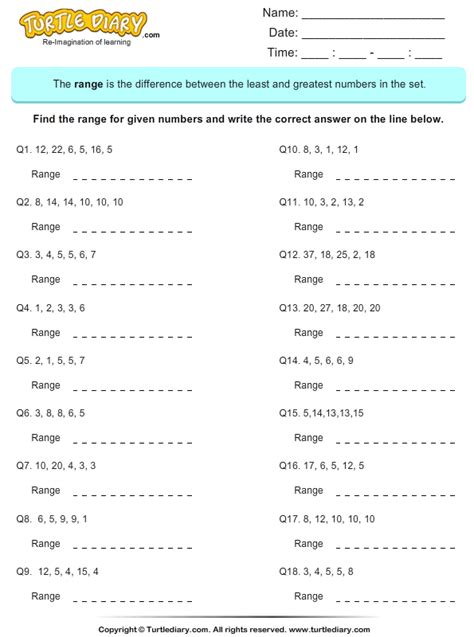 Finding The Range Of A Set Of Numbers Worksheet