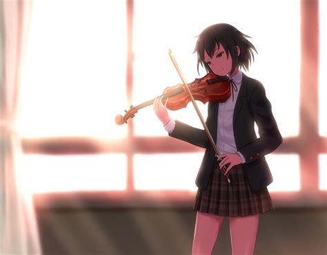 Wallpaper Anime Girl Violin Instrument School Uniform Sunlight