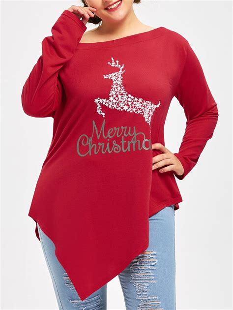 Plus Size Merry Christmas Deer Asymmetric T Shirt Plus Size T Shirts