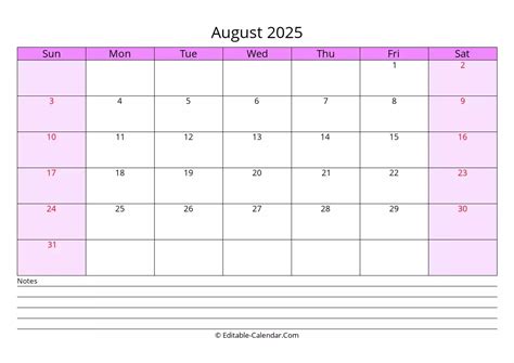 Download free editable calendar august 2025 with notes, weeks start on sunday