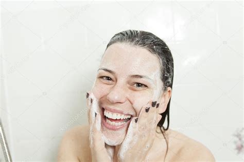 Shower Woman Happy Smiling Woman Washing Shoulder Showering In Stock P AFFILIATE Happy