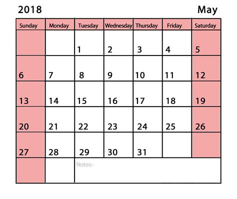 Blank Calendar May 2018 With Holidays Oppidan Library