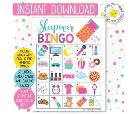 Sleepover Slumber Party Printable Bingo Cards 30 Different Etsy