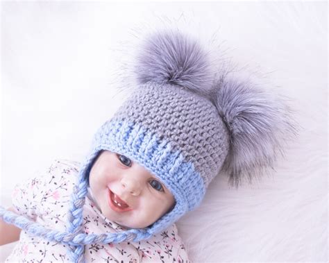 Double Pom Pom Hat Baby Boy Hat Baby Hat Earflap Hat Etsy