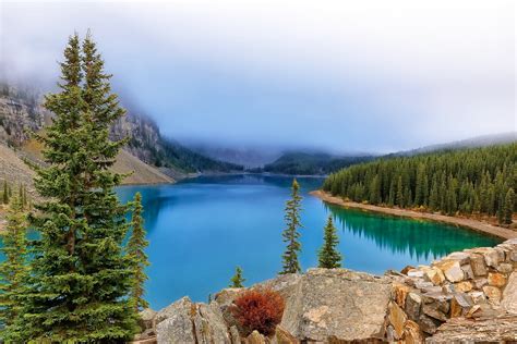 Nature Landscapes Lakes Trees Mountains Water Earth Fog Clouds