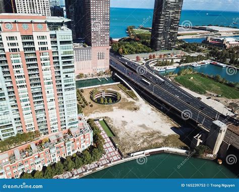 Aerial View Skyscraper And Office Building Along Chicago River Near