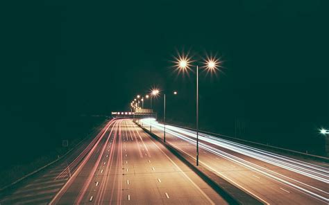 Time Lapse Photography Open Road Nighttime Landscape Speed Light