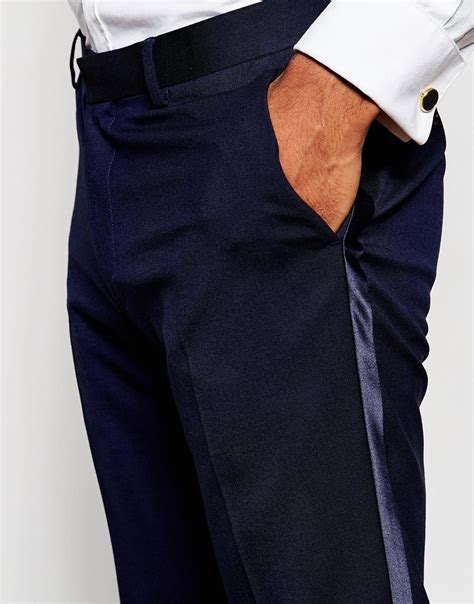 Asos Skinny Tuxedo Suit Trousers With Satin Stripe Navy In Blue For