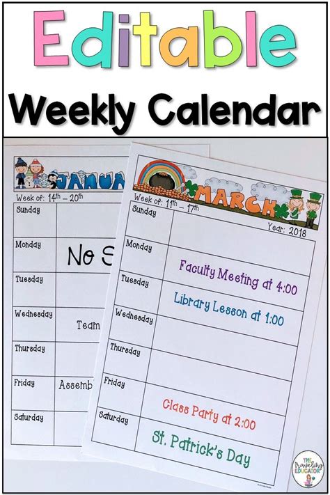 The Editable Weekly Calendar Is Shown In Two Different Colors And Font