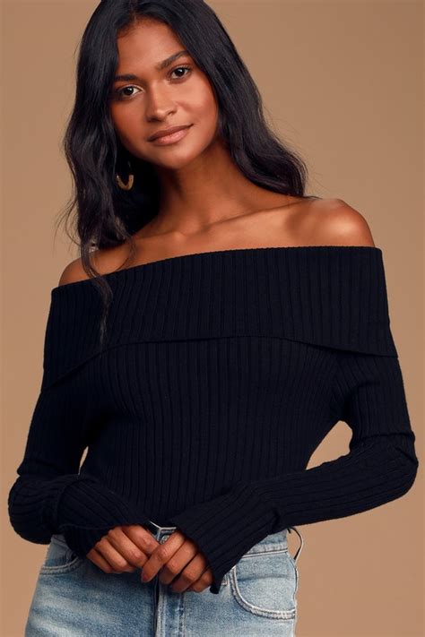 Cute Black Sweater Off The Shoulder Sweater Ribbed Sweater Lulus