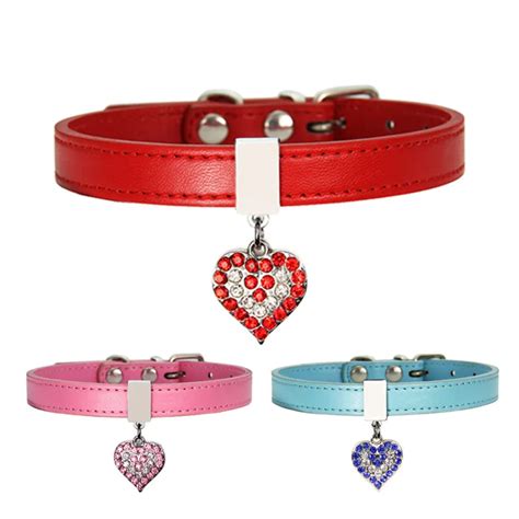 Fashion Pu Leather Pet Dog Collar Diamond Heart Pendant For Puppy Cat
