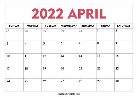 Blank April 2022 Calendar Printable Pdf