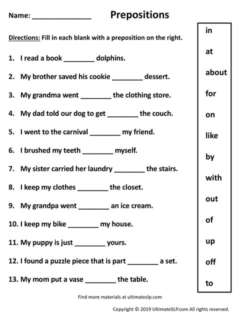 Preposition Worksheets Pdf With Answers