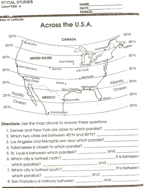 Across The Usa Mapping Skill Sheet Social Studies Maps 4th Grade