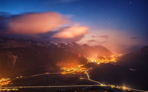 Nature Landscape Starry Night Lights Mountain Cityscape Road St Moritz Switzerland