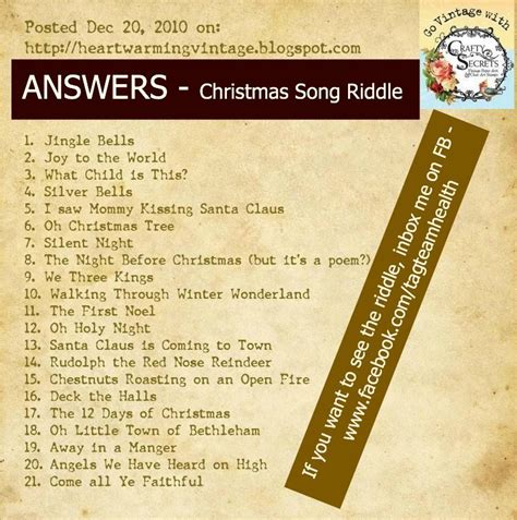 This holiday exercise that big brain of yours and challenge friends, family and kids to see if they can solve these riddles about christmas. Christmas Song Riddles - Answers | Christmas trivia ...