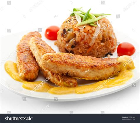 Deep Fried Fish Sticks With Coconut Sauce Garnished With Rice And